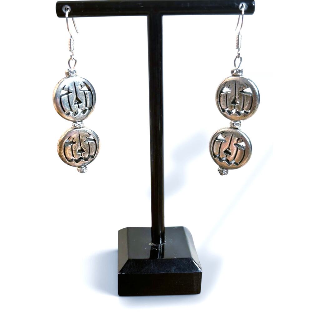 Pumpkin Jack O Lantern Silver Tone Dangle Earrings Halloween Party Earrings